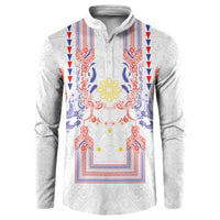Philippines Barong Style Button Sweatshirt Polynesian Kakau Art Tattoos with Tribal Filipino Sun LT03 White - Polynesian Pride