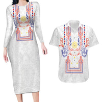 Philippines Barong Style Couples Matching Long Sleeve Bodycon Dress and Hawaiian Shirt Polynesian Kakau Art Tattoos with Tribal Filipino Sun LT03 White - Polynesian Pride