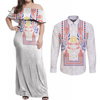 Philippines Barong Style Couples Matching Off Shoulder Maxi Dress and Long Sleeve Button Shirt Polynesian Kakau Art Tattoos with Tribal Filipino Sun LT03 White - Polynesian Pride