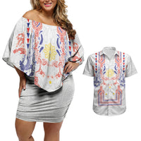 Philippines Barong Style Couples Matching Off Shoulder Short Dress and Hawaiian Shirt Polynesian Kakau Art Tattoos with Tribal Filipino Sun LT03 White - Polynesian Pride