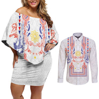 Philippines Barong Style Couples Matching Off Shoulder Short Dress and Long Sleeve Button Shirt Polynesian Kakau Art Tattoos with Tribal Filipino Sun LT03 White - Polynesian Pride