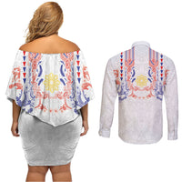 Philippines Barong Style Couples Matching Off Shoulder Short Dress and Long Sleeve Button Shirt Polynesian Kakau Art Tattoos with Tribal Filipino Sun LT03 - Polynesian Pride
