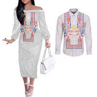 Philippines Barong Style Couples Matching Off The Shoulder Long Sleeve Dress and Long Sleeve Button Shirt Polynesian Kakau Art Tattoos with Tribal Filipino Sun LT03 White - Polynesian Pride