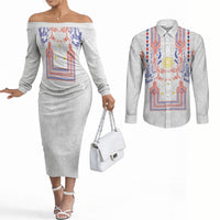 Philippines Barong Style Couples Matching Off The Shoulder Long Sleeve Dress and Long Sleeve Button Shirt Polynesian Kakau Art Tattoos with Tribal Filipino Sun LT03 White - Polynesian Pride