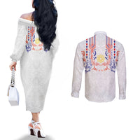 Philippines Barong Style Couples Matching Off The Shoulder Long Sleeve Dress and Long Sleeve Button Shirt Polynesian Kakau Art Tattoos with Tribal Filipino Sun LT03 - Polynesian Pride