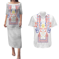 Philippines Barong Style Couples Matching Puletasi and Hawaiian Shirt Polynesian Kakau Art Tattoos with Tribal Filipino Sun LT03 White - Polynesian Pride