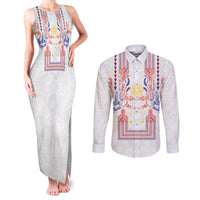 Philippines Barong Style Couples Matching Tank Maxi Dress and Long Sleeve Button Shirt Polynesian Kakau Art Tattoos with Tribal Filipino Sun LT03 White - Polynesian Pride