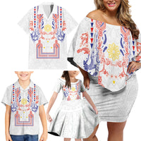Philippines Barong Style Family Matching Off Shoulder Short Dress and Hawaiian Shirt Polynesian Kakau Art Tattoos with Tribal Filipino Sun LT03 - Polynesian Pride