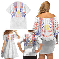 Philippines Barong Style Family Matching Off Shoulder Short Dress and Hawaiian Shirt Polynesian Kakau Art Tattoos with Tribal Filipino Sun LT03 Mom's Dress White - Polynesian Pride