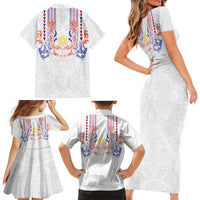 Philippines Barong Style Family Matching Short Sleeve Bodycon Dress and Hawaiian Shirt Polynesian Kakau Art Tattoos with Tribal Filipino Sun LT03 Mom's Dress White - Polynesian Pride