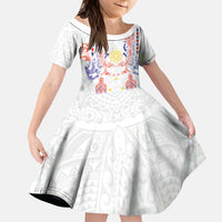 Philippines Barong Style Kid Short Sleeve Dress Polynesian Kakau Art Tattoos with Tribal Filipino Sun LT03 KID White - Polynesian Pride