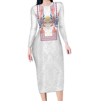 Philippines Barong Style Long Sleeve Bodycon Dress Polynesian Kakau Art Tattoos with Tribal Filipino Sun LT03 Long Dress White - Polynesian Pride