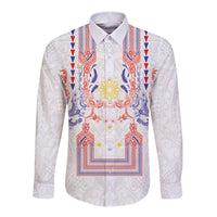 Philippines Barong Style Long Sleeve Button Shirt Polynesian Kakau Art Tattoos with Tribal Filipino Sun LT03 Unisex White - Polynesian Pride
