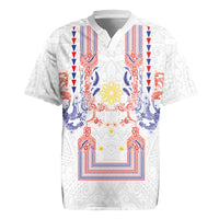 Philippines Barong Style Rugby Jersey Polynesian Kakau Art Tattoos with Tribal Filipino Sun LT03 White - Polynesian Pride