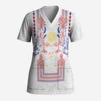 Philippines Barong Style Scrub Top Polynesian Kakau Art Tattoos with Tribal Filipino Sun LT03 Adult White - Polynesian Pride