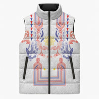 Philippines Barong Style Sleeveless Puffer Jacket Polynesian Kakau Art Tattoos with Tribal Filipino Sun LT03 Unisex White - Polynesian Pride