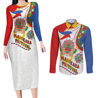 Philippines MassKara Festival Couples Matching Long Sleeve Bodycon Dress and Long Sleeve Button Shirt Smile Masks with Hawaiian Art Pattern and Tropical Plants LT03 Multicolor - Polynesian Pride