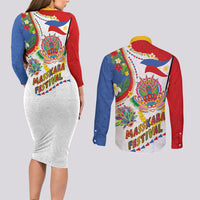 Philippines MassKara Festival Couples Matching Long Sleeve Bodycon Dress and Long Sleeve Button Shirt Smile Masks with Hawaiian Art Pattern and Tropical Plants LT03 - Polynesian Pride