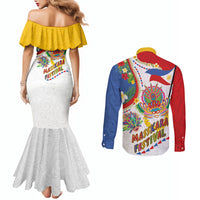 Philippines MassKara Festival Couples Matching Mermaid Dress and Long Sleeve Button Shirt Smile Masks with Hawaiian Art Pattern and Tropical Plants LT03 - Polynesian Pride
