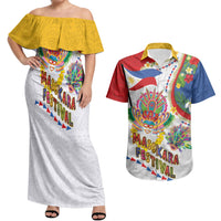 Philippines MassKara Festival Couples Matching Off Shoulder Maxi Dress and Hawaiian Shirt Smile Masks with Hawaiian Art Pattern and Tropical Plants LT03 Multicolor - Polynesian Pride