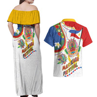 Philippines MassKara Festival Couples Matching Off Shoulder Maxi Dress and Hawaiian Shirt Smile Masks with Hawaiian Art Pattern and Tropical Plants LT03 - Polynesian Pride