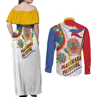 Philippines MassKara Festival Couples Matching Off Shoulder Maxi Dress and Long Sleeve Button Shirt Smile Masks with Hawaiian Art Pattern and Tropical Plants LT03 - Polynesian Pride