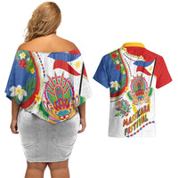 Philippines MassKara Festival Couples Matching Off Shoulder Short Dress and Hawaiian Shirt Smile Masks with Hawaiian Art Pattern and Tropical Plants LT03 - Polynesian Pride