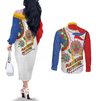 Philippines MassKara Festival Couples Matching Off The Shoulder Long Sleeve Dress and Long Sleeve Button Shirt Smile Masks with Hawaiian Art Pattern and Tropical Plants LT03 - Polynesian Pride