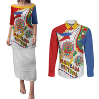 Philippines MassKara Festival Couples Matching Puletasi and Long Sleeve Button Shirt Smile Masks with Hawaiian Art Pattern and Tropical Plants LT03 Multicolor - Polynesian Pride