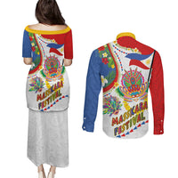 Philippines MassKara Festival Couples Matching Puletasi and Long Sleeve Button Shirt Smile Masks with Hawaiian Art Pattern and Tropical Plants LT03 - Polynesian Pride