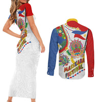 Philippines MassKara Festival Couples Matching Short Sleeve Bodycon Dress and Long Sleeve Button Shirt Smile Masks with Hawaiian Art Pattern and Tropical Plants LT03 - Polynesian Pride