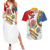 Philippines MassKara Festival Couples Matching Summer Maxi Dress and Hawaiian Shirt Smile Masks with Hawaiian Art Pattern and Tropical Plants LT03 Multicolor - Polynesian Pride