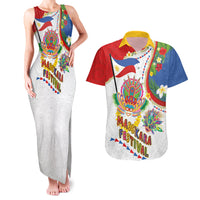 Philippines MassKara Festival Couples Matching Tank Maxi Dress and Hawaiian Shirt Smile Masks with Hawaiian Art Pattern and Tropical Plants LT03 Multicolor - Polynesian Pride