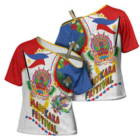 Philippines MassKara Festival Cross Shoulder Shirt Smile Masks with Hawaiian Art Pattern and Tropical Plants LT03 - Polynesian Pride