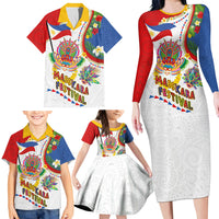 Philippines MassKara Festival Family Matching Long Sleeve Bodycon Dress and Hawaiian Shirt Smile Masks with Hawaiian Art Pattern and Tropical Plants LT03 - Polynesian Pride