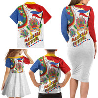 Philippines MassKara Festival Family Matching Long Sleeve Bodycon Dress and Hawaiian Shirt Smile Masks with Hawaiian Art Pattern and Tropical Plants LT03 Mom's Dress Multicolor - Polynesian Pride