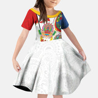 Philippines MassKara Festival Kid Short Sleeve Dress Smile Masks with Hawaiian Art Pattern and Tropical Plants LT03 KID Multicolor - Polynesian Pride