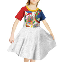 Philippines MassKara Festival Kid Short Sleeve Dress Smile Masks with Hawaiian Art Pattern and Tropical Plants LT03 - Polynesian Pride