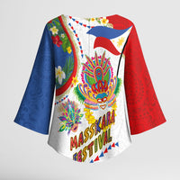 Philippines MassKara Festival Kimono Sleeve Blouse Smile Masks with Hawaiian Art Pattern and Tropical Plants LT03 - Polynesian Pride