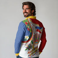 Philippines MassKara Festival Long Sleeve Polo Shirt Smile Masks with Hawaiian Art Pattern and Tropical Plants LT03 - Polynesian Pride