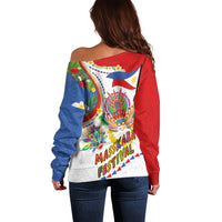 Philippines MassKara Festival Off Shoulder Sweater Smile Masks with Hawaiian Art Pattern and Tropical Plants LT03 - Polynesian Pride