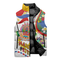 Philippines MassKara Festival Sleeveless Puffer Jacket Smile Masks with Hawaiian Art Pattern and Tropical Plants LT03 - Polynesian Pride