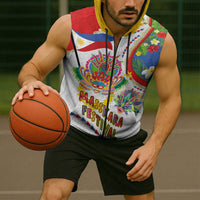 Philippines MassKara Festival Sleeveless Zip Hoodie Smile Masks with Hawaiian Art Pattern and Tropical Plants LT03 - Polynesian Pride