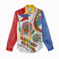 Philippines MassKara Festival Women Casual Shirt Smile Masks with Hawaiian Art Pattern and Tropical Plants LT03 - Polynesian Pride