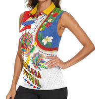 Philippines MassKara Festival Women Sleeveless Polo Shirt Smile Masks with Hawaiian Art Pattern and Tropical Plants LT03 - Polynesian Pride