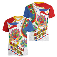 Philippines MassKara Festival Women V-Neck T-Shirt Smile Masks with Hawaiian Art Pattern and Tropical Plants LT03 - Polynesian Pride