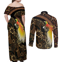 Papua New Guinea and Indonesia Batik Couples Matching Off Shoulder Maxi Dress and Long Sleeve Button Shirt Bird of Paradise with Tribal Batik Patterns LT03 - Polynesian Pride