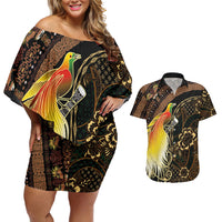 Papua New Guinea and Indonesia Batik Couples Matching Off Shoulder Short Dress and Hawaiian Shirt Bird of Paradise with Tribal Batik Patterns LT03 Multicolor - Polynesian Pride