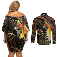 Papua New Guinea and Indonesia Batik Couples Matching Off Shoulder Short Dress and Long Sleeve Button Shirt Bird of Paradise with Tribal Batik Patterns LT03 - Polynesian Pride