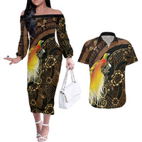 Papua New Guinea and Indonesia Batik Couples Matching Off The Shoulder Long Sleeve Dress and Hawaiian Shirt Bird of Paradise with Tribal Batik Patterns LT03 Multicolor - Polynesian Pride